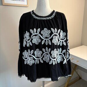 Black Embroidered Cotton Peasant Blouse 2X Boho